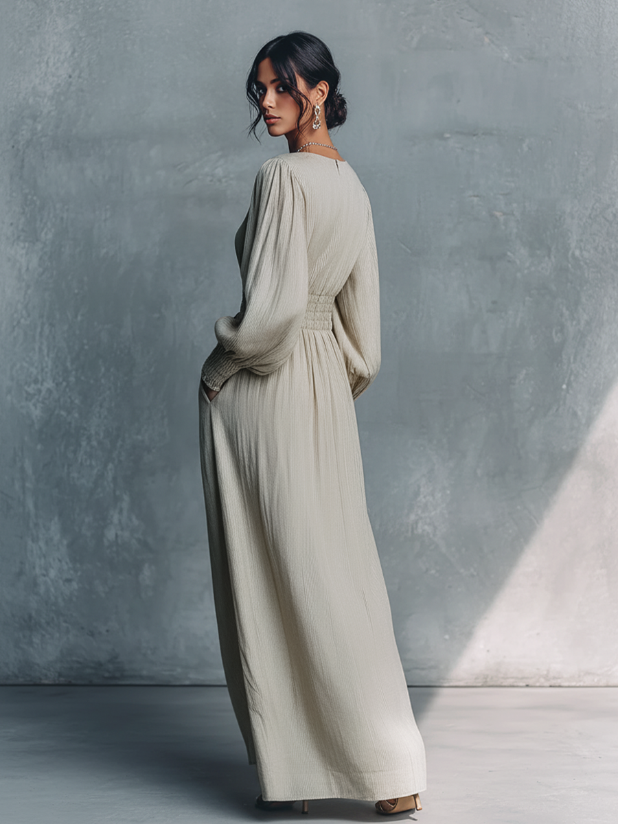 Catalinna – Maxi abito a righe in misto cotone e lino, con scollo a V e vita arricciata