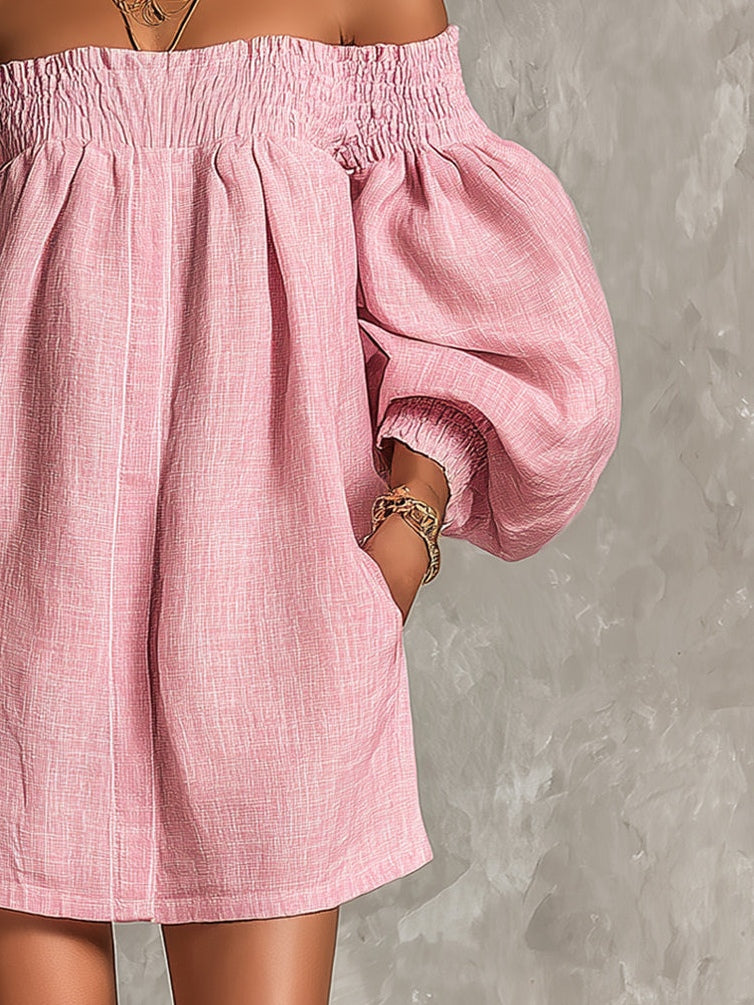Livia - Miniabito rosa dalla linea svasata, con spalle scoperte e maniche a palloncino