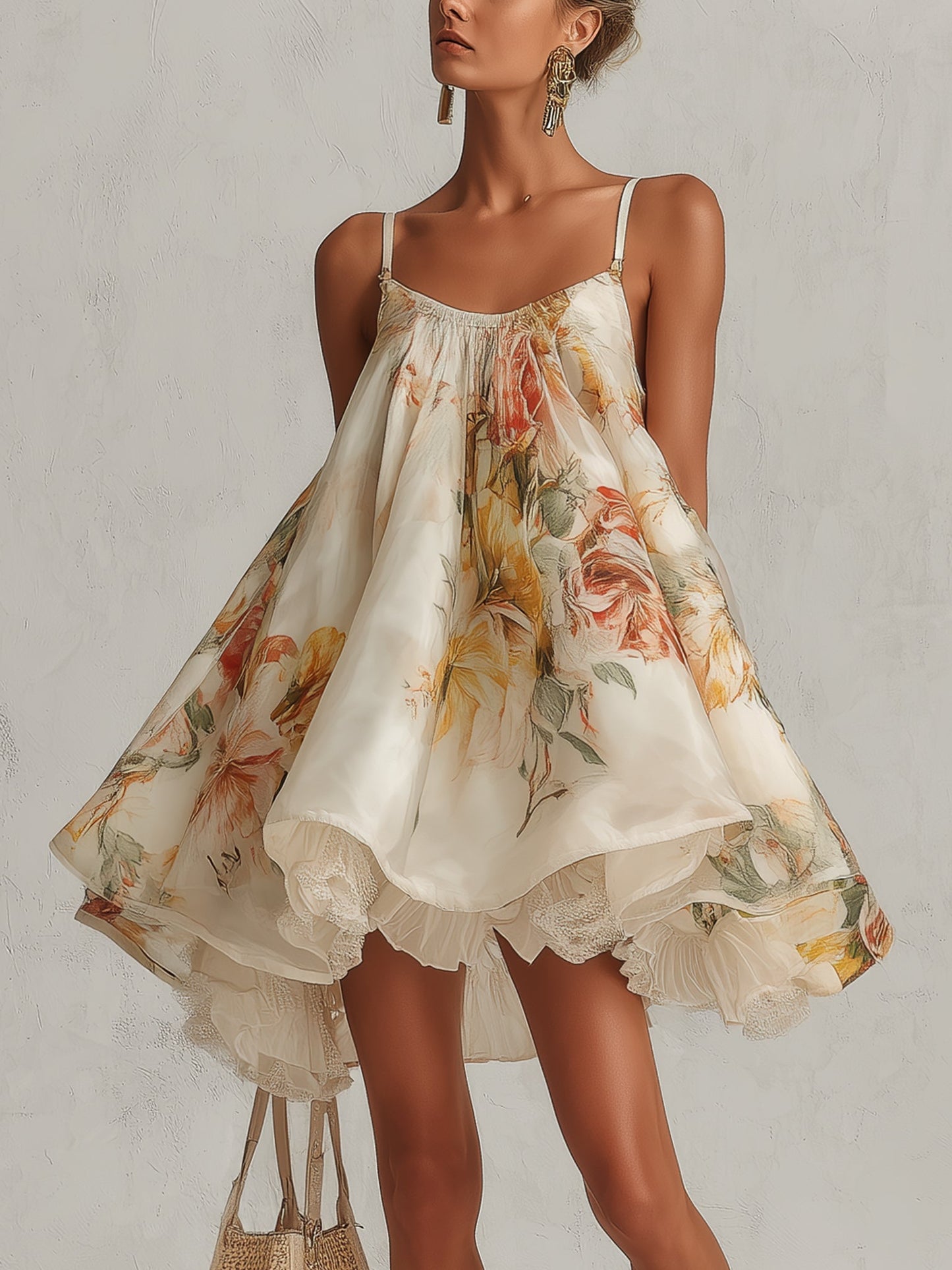 Valentina - Miniabito svasato in organza beige a fiori con rifiniture in pizzo