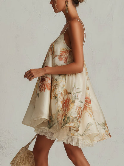 Valentina - Miniabito svasato in organza beige a fiori con rifiniture in pizzo