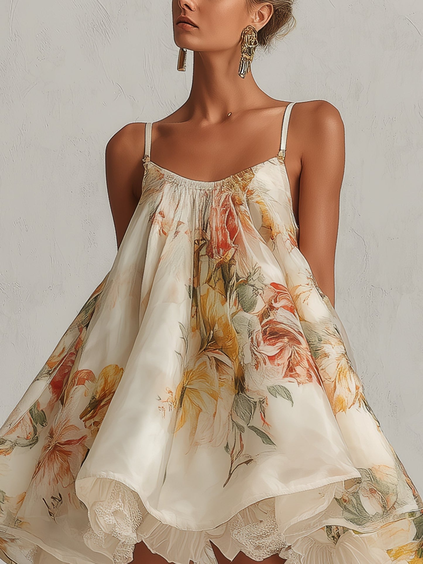 Valentina - Miniabito svasato in organza beige a fiori con rifiniture in pizzo