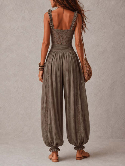 Noemi - Completo con fascia in pizzo grigio e pantaloni harem in cotone plissettato