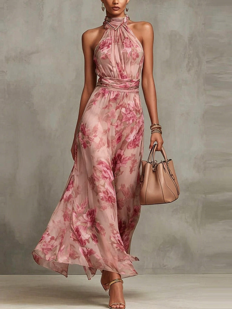 Karinna - Maxi abito all'americana in chiffon rosa a fiori