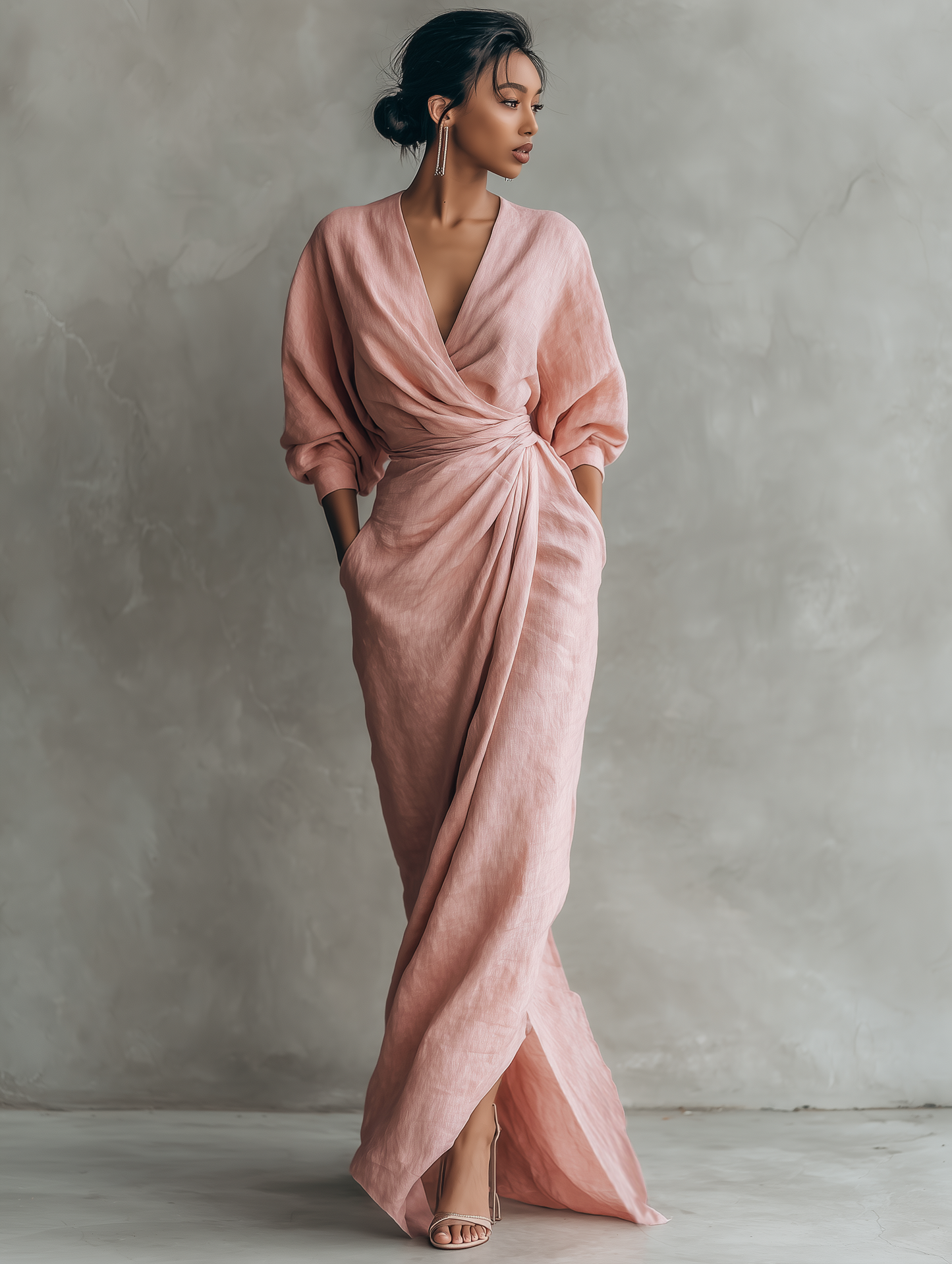Beatrice - Maxi abito da donna rosa in misto lino, stile minimalista con scollo a V