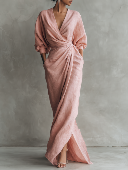 Beatrice - Maxi abito da donna rosa in misto lino, stile minimalista con scollo a V