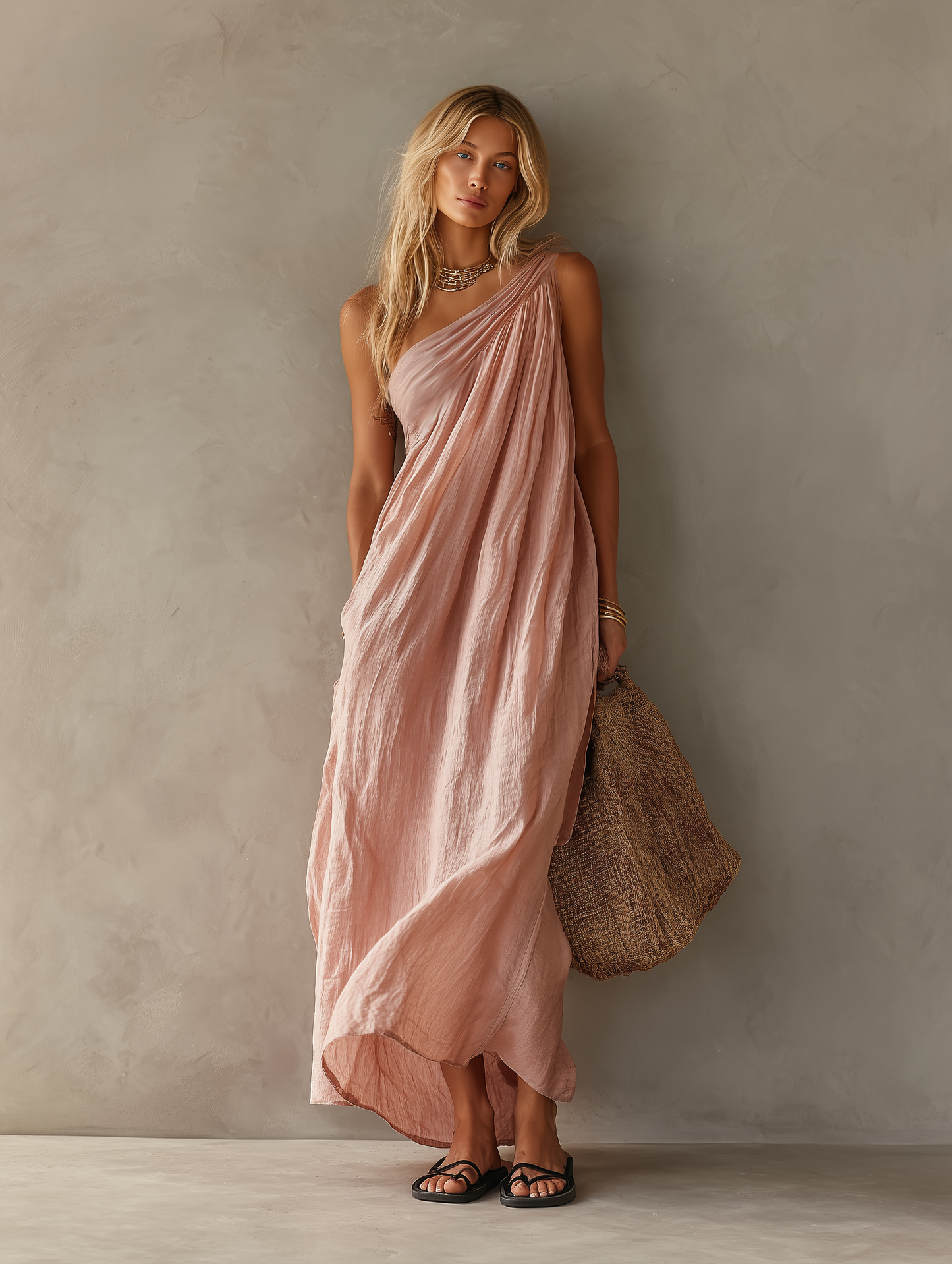Sorella - Maxi abito elegante, monospalla in misto cotone e lino rosa