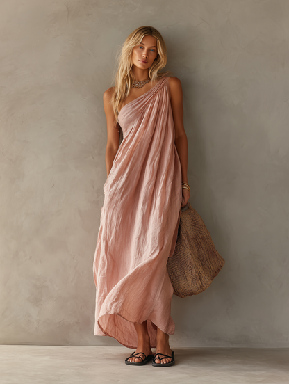 Sorella - Maxi abito elegante, monospalla in misto cotone e lino rosa