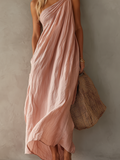 Sorella - Maxi abito elegante, monospalla in misto cotone e lino rosa
