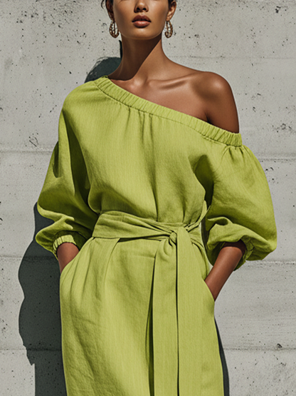 Melissa - Abito midi verde lime in misto lino, con spalle scoperte