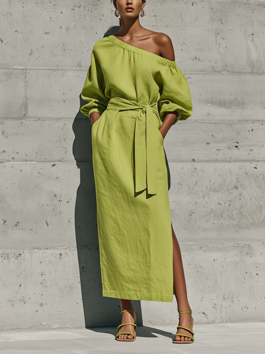 Melissa - Abito midi verde lime in misto lino, con spalle scoperte