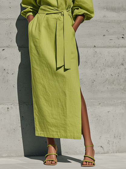Melissa - Abito midi verde lime in misto lino, con spalle scoperte