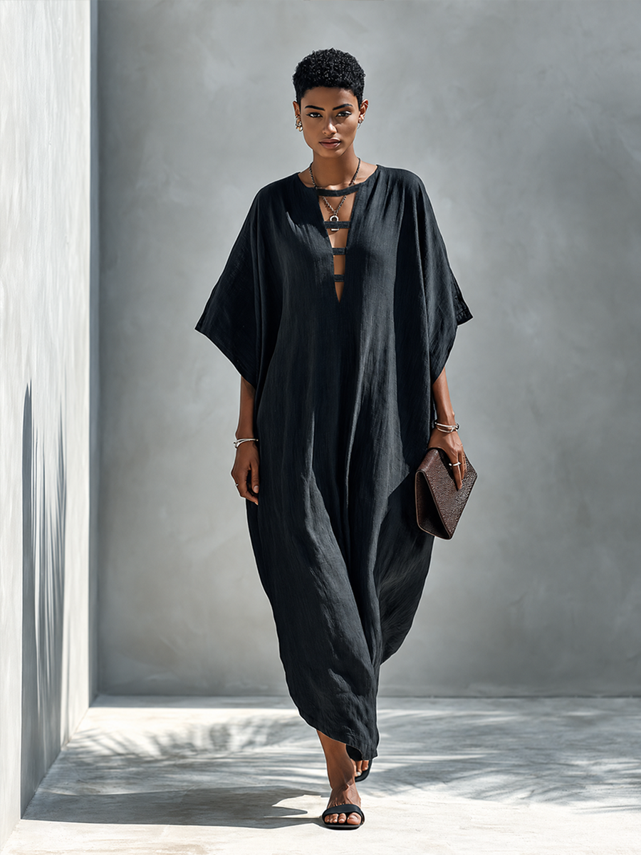 Gabriella | Elegante abito lungo nero con profondo scollo a V e spacco
