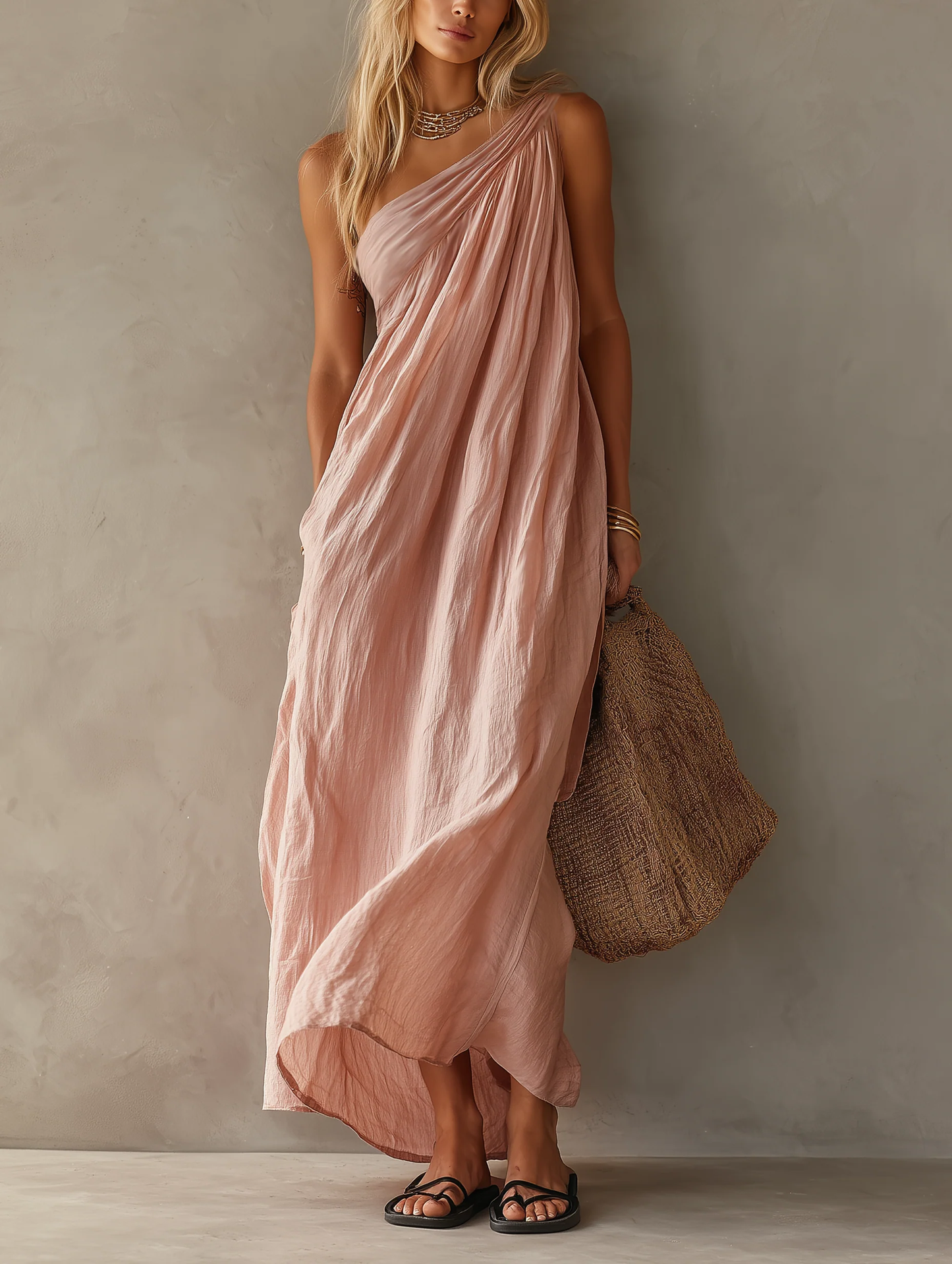 Sorella - Maxi abito elegante, monospalla in misto cotone e lino rosa