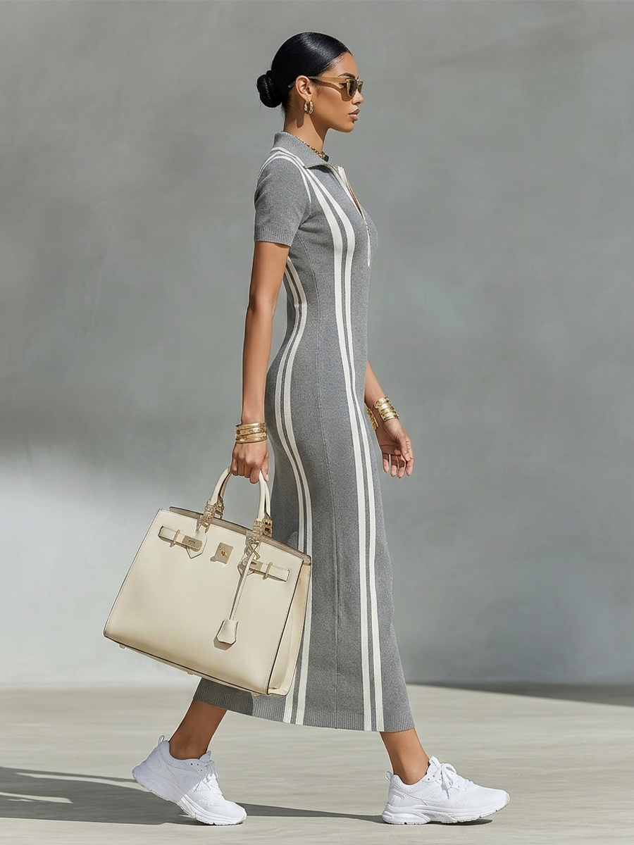 Lucia - Maxi abito  in maglia elasticizzata con colletto polo a zip