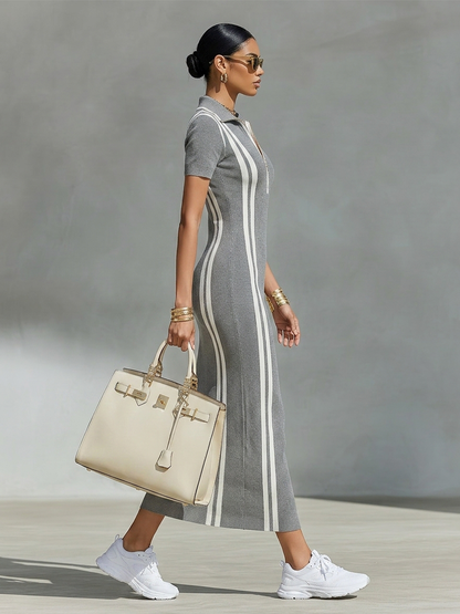 Lucia - Maxi abito  in maglia elasticizzata con colletto polo a zip