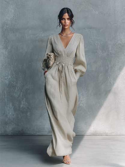Catalinna – Maxi abito a righe in misto cotone e lino, con scollo a V e vita arricciata