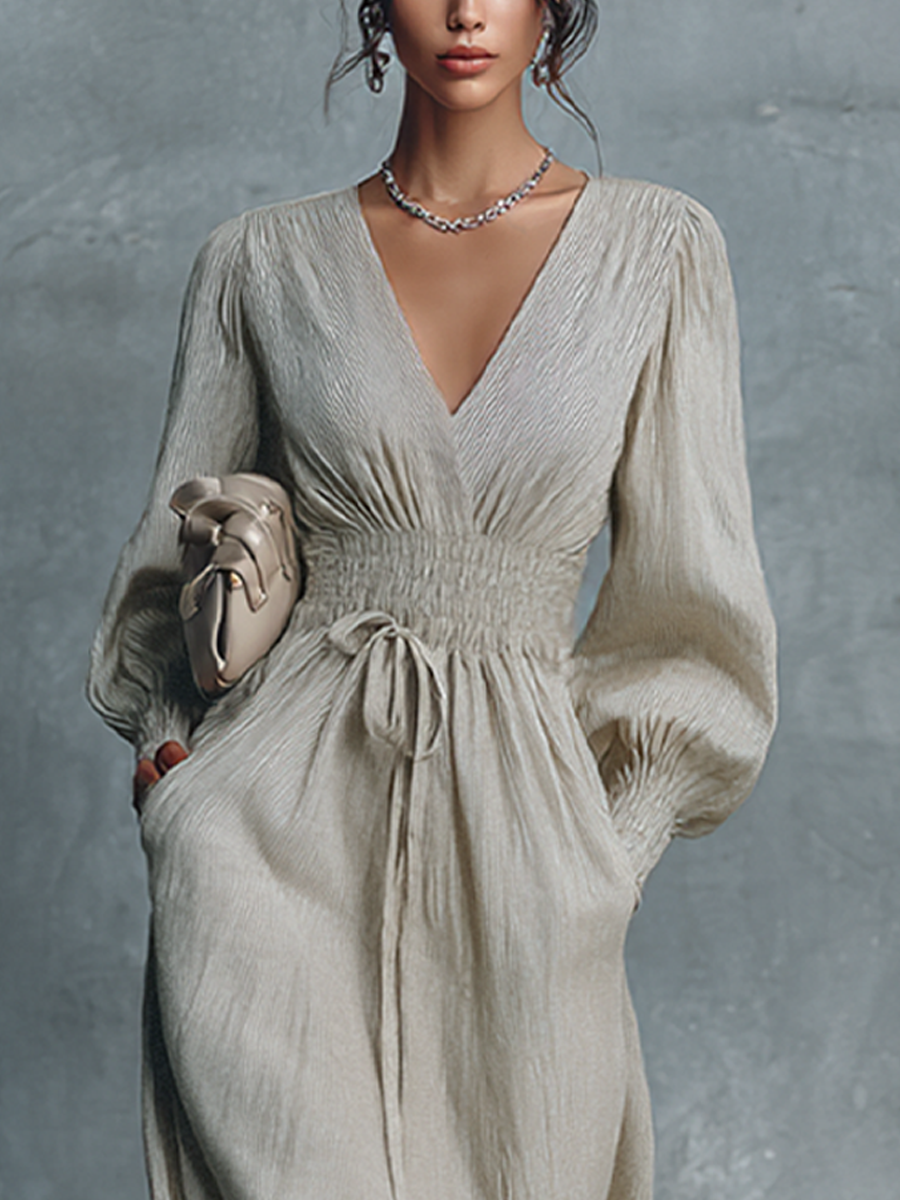 Catalinna – Maxi abito a righe in misto cotone e lino, con scollo a V e vita arricciata