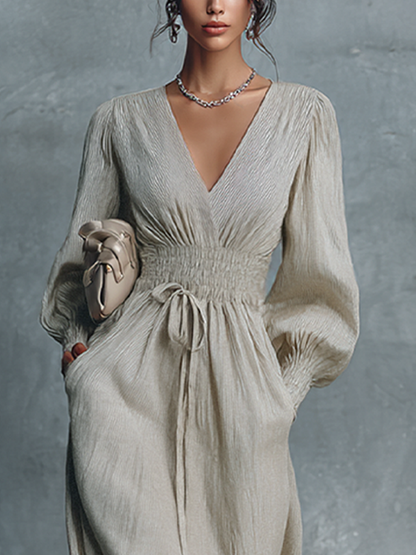 Catalinna – Maxi abito a righe in misto cotone e lino, con scollo a V e vita arricciata