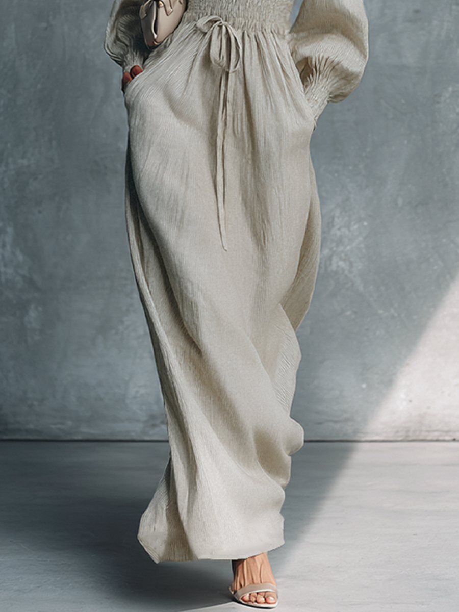 Catalinna – Maxi abito a righe in misto cotone e lino, con scollo a V e vita arricciata