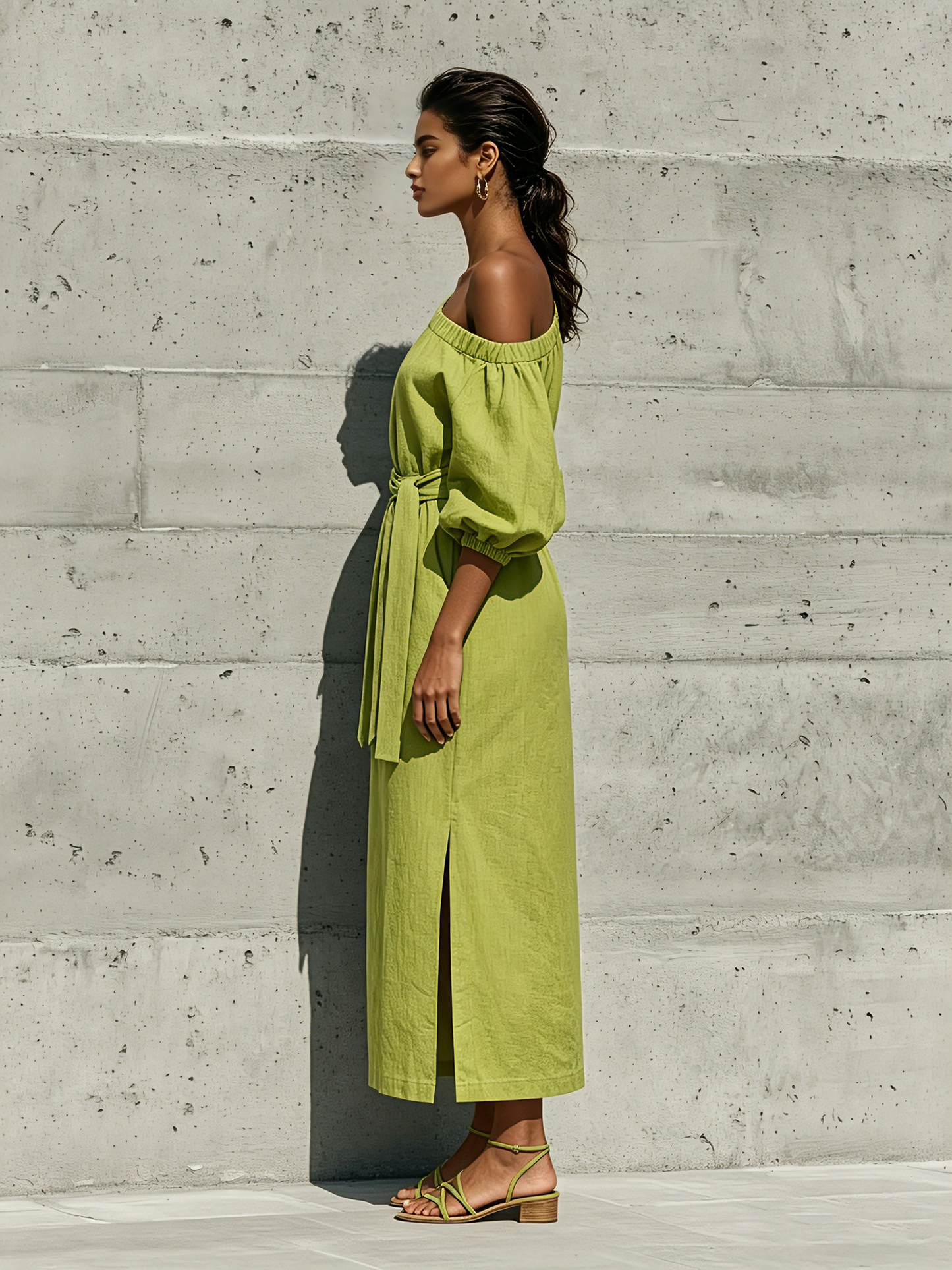 Melissa - Abito midi verde lime in misto lino, con spalle scoperte