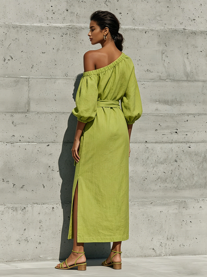 Melissa - Abito midi verde lime in misto lino, con spalle scoperte