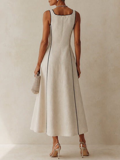 Giulia - Maxi abito svasato color albicocca a righe nere, stile minimalista