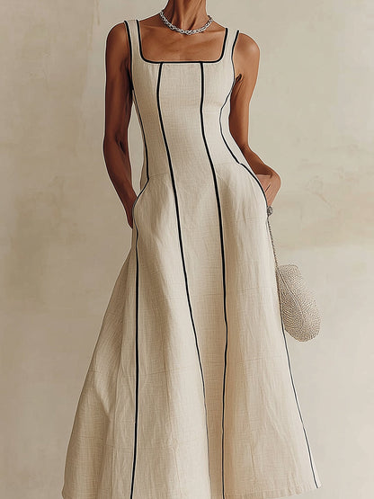 Giulia - Maxi abito svasato color albicocca a righe nere, stile minimalista
