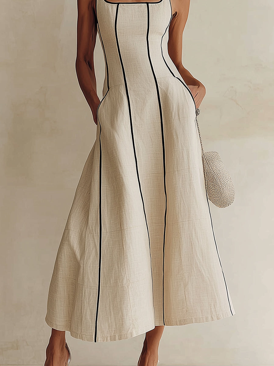 Giulia - Maxi abito svasato color albicocca a righe nere, stile minimalista
