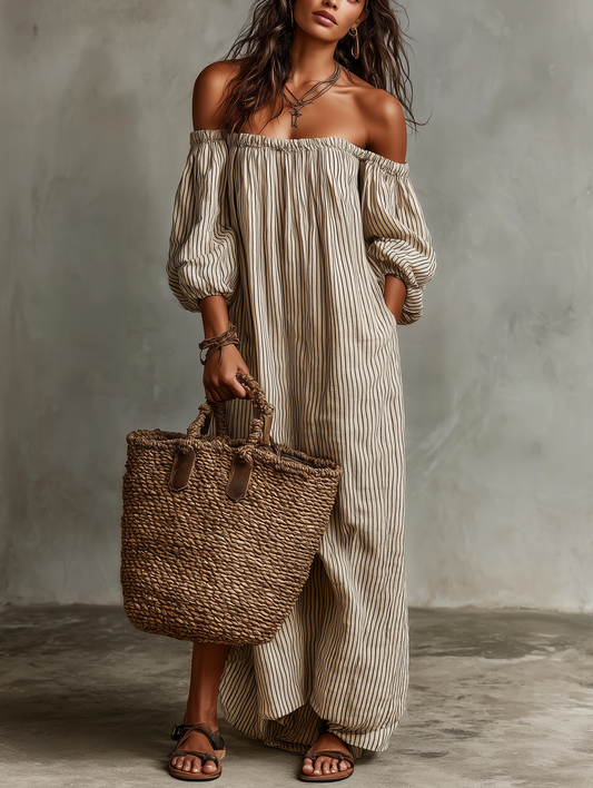 Aurelia - Abito maxi in misto cotone e lino con spalle scoperte