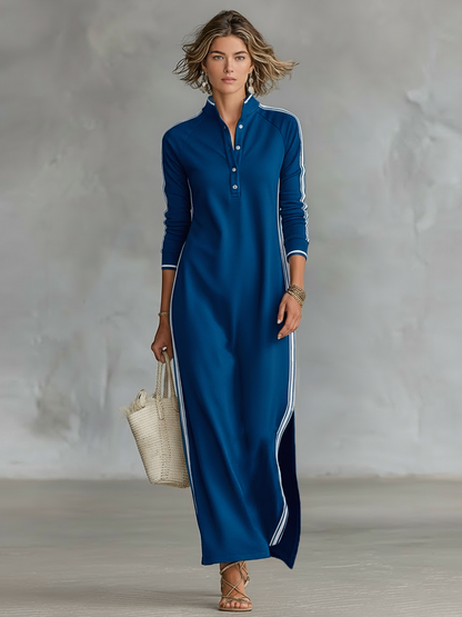 Fabiana - Abito maxi felpa con colletto a camicia e dettagli bianchi