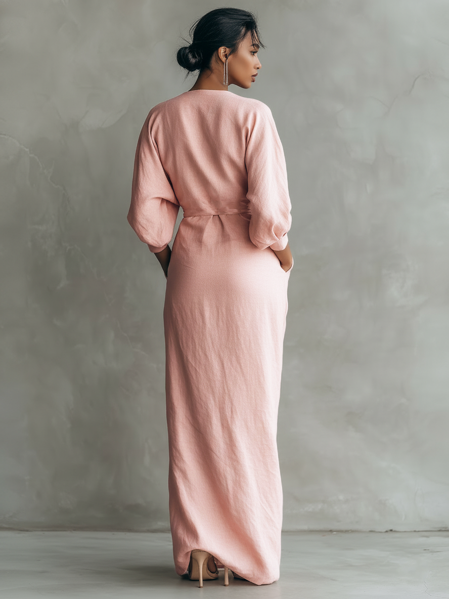 Beatrice - Maxi abito da donna rosa in misto lino, stile minimalista con scollo a V