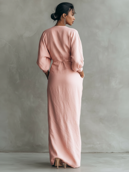 Beatrice - Maxi abito da donna rosa in misto lino, stile minimalista con scollo a V