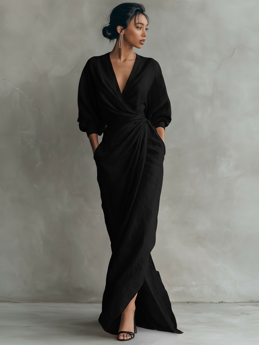 Beatrice - Maxi abito da donna rosa in misto lino, stile minimalista con scollo a V