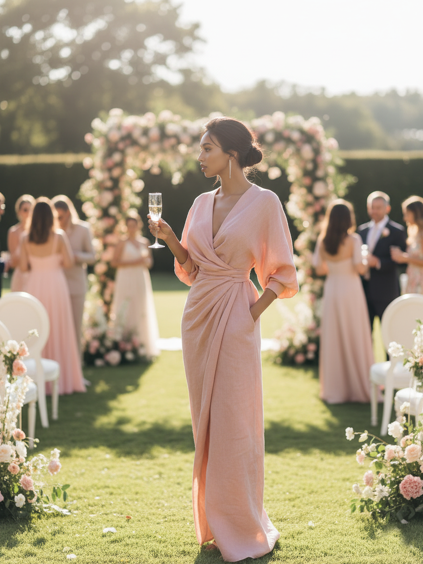 Beatrice - Maxi abito da donna rosa in misto lino, stile minimalista con scollo a V