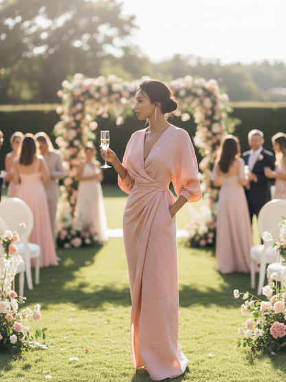Beatrice - Maxi abito da donna rosa in misto lino, stile minimalista con scollo a V