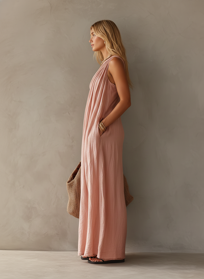 Sorella - Maxi abito elegante, monospalla in misto cotone e lino rosa
