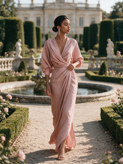 Beatrice - Maxi abito da donna rosa in misto lino, stile minimalista con scollo a V