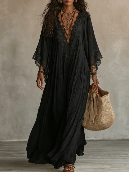 Celeste | Abito lungo in chiffon con maniche a pipistrello e pizzo
