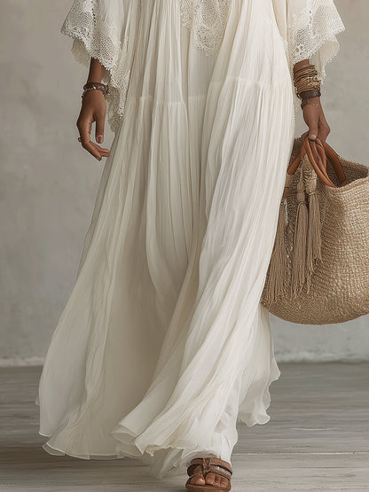 Celeste | Abito lungo in chiffon con maniche a pipistrello e pizzo