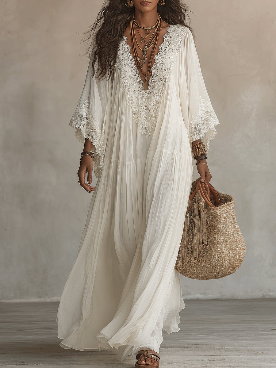 Celeste | Abito lungo in chiffon con maniche a pipistrello e pizzo