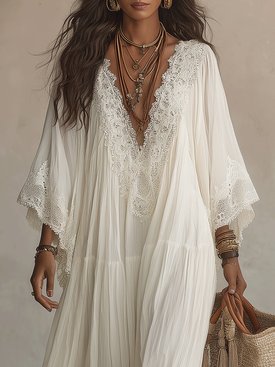 Celeste | Abito lungo in chiffon con maniche a pipistrello e pizzo