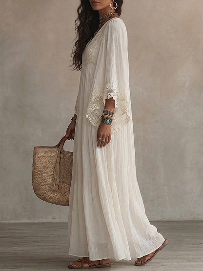 Celeste | Abito lungo in chiffon con maniche a pipistrello e pizzo