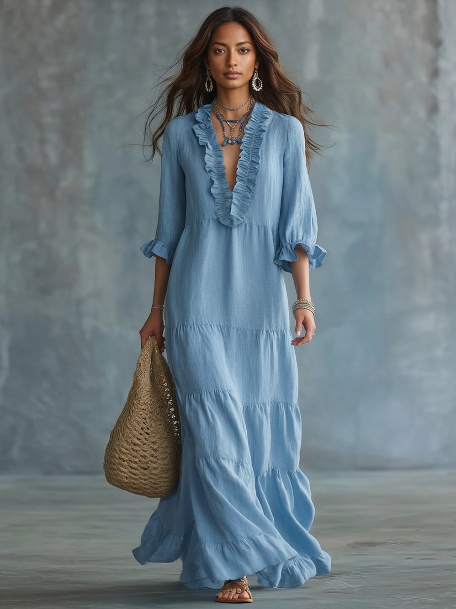 Anita | Maxi abito boho azzurro cielo con scollo a V e volant