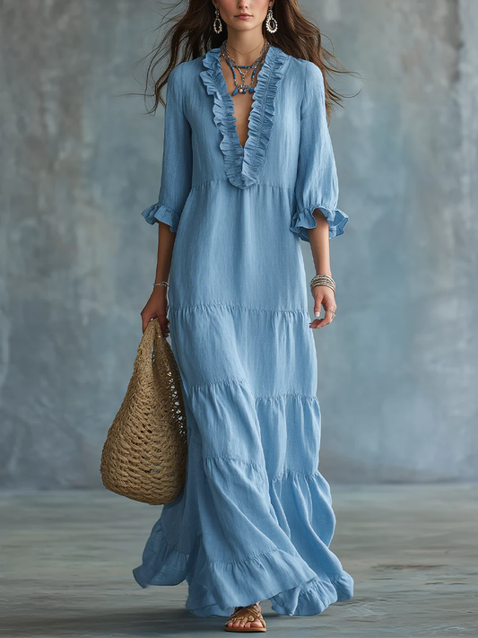 Anita | Maxi abito boho azzurro cielo con scollo a V e volant