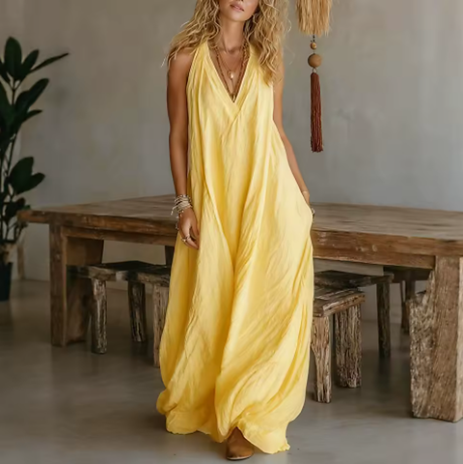 Denissa - Vestido Maxi Bohemio Multicolor con Escote Halter en V