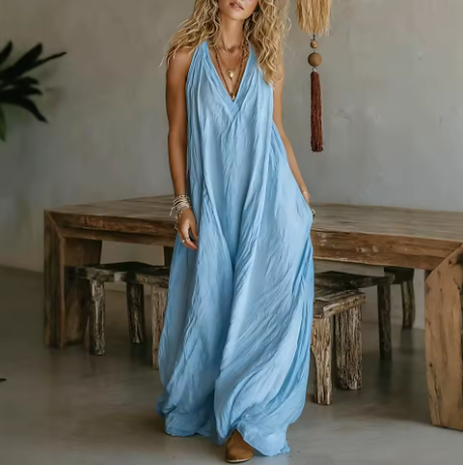 Denissa - Vestido Maxi Bohemio Multicolor con Escote Halter en V