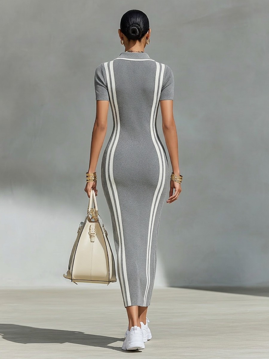 Lucia - Maxi abito  in maglia elasticizzata con colletto polo a zip
