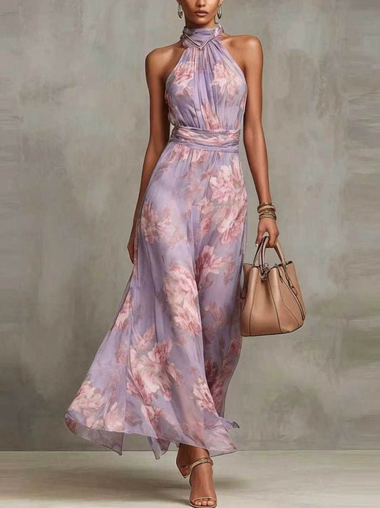 Karinna - Maxi abito all'americana in chiffon rosa a fiori