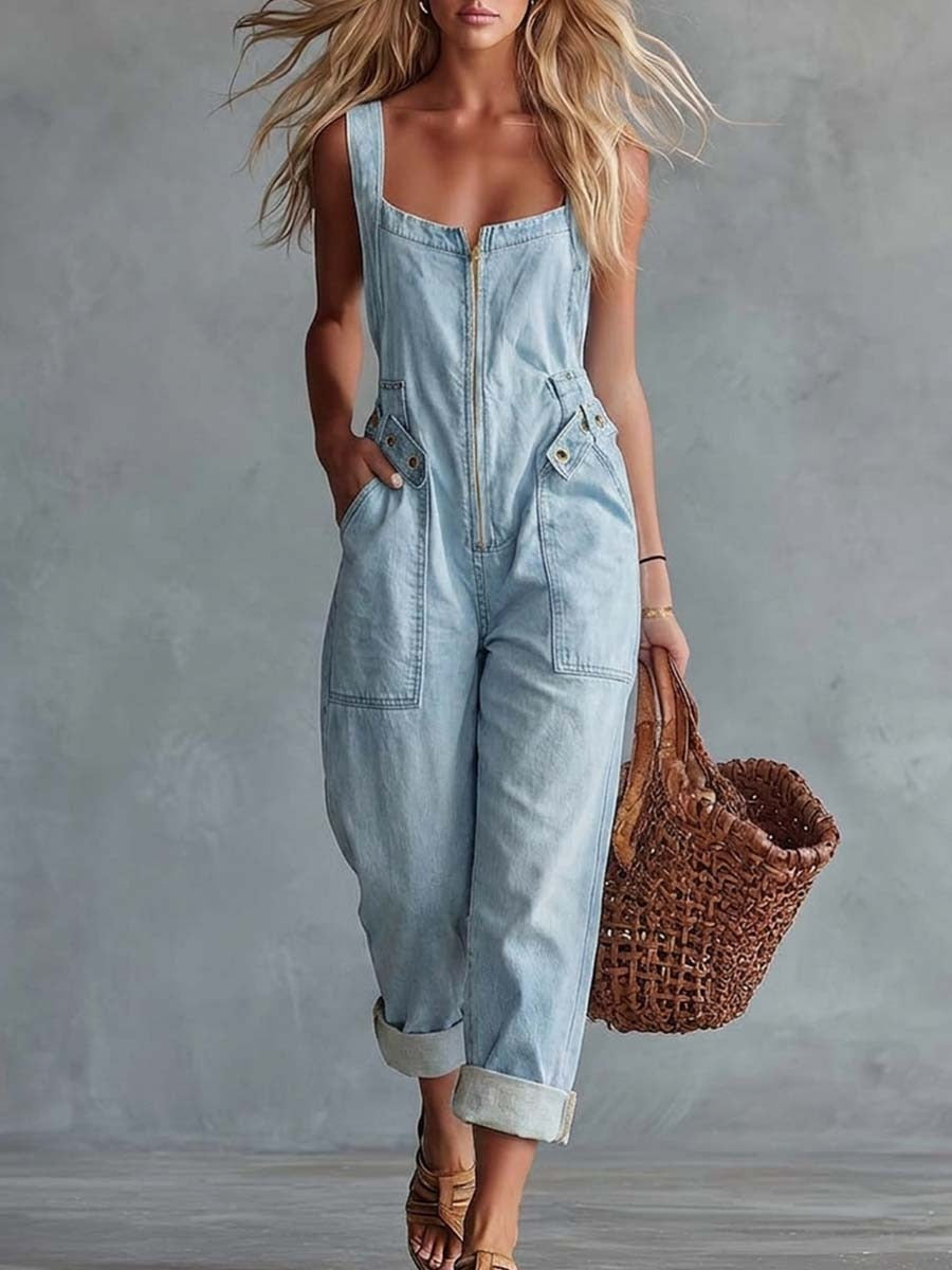 Camilla - Tuta in denim dal fascino rétro con scollo quadrato, zip frontale e maniche corte