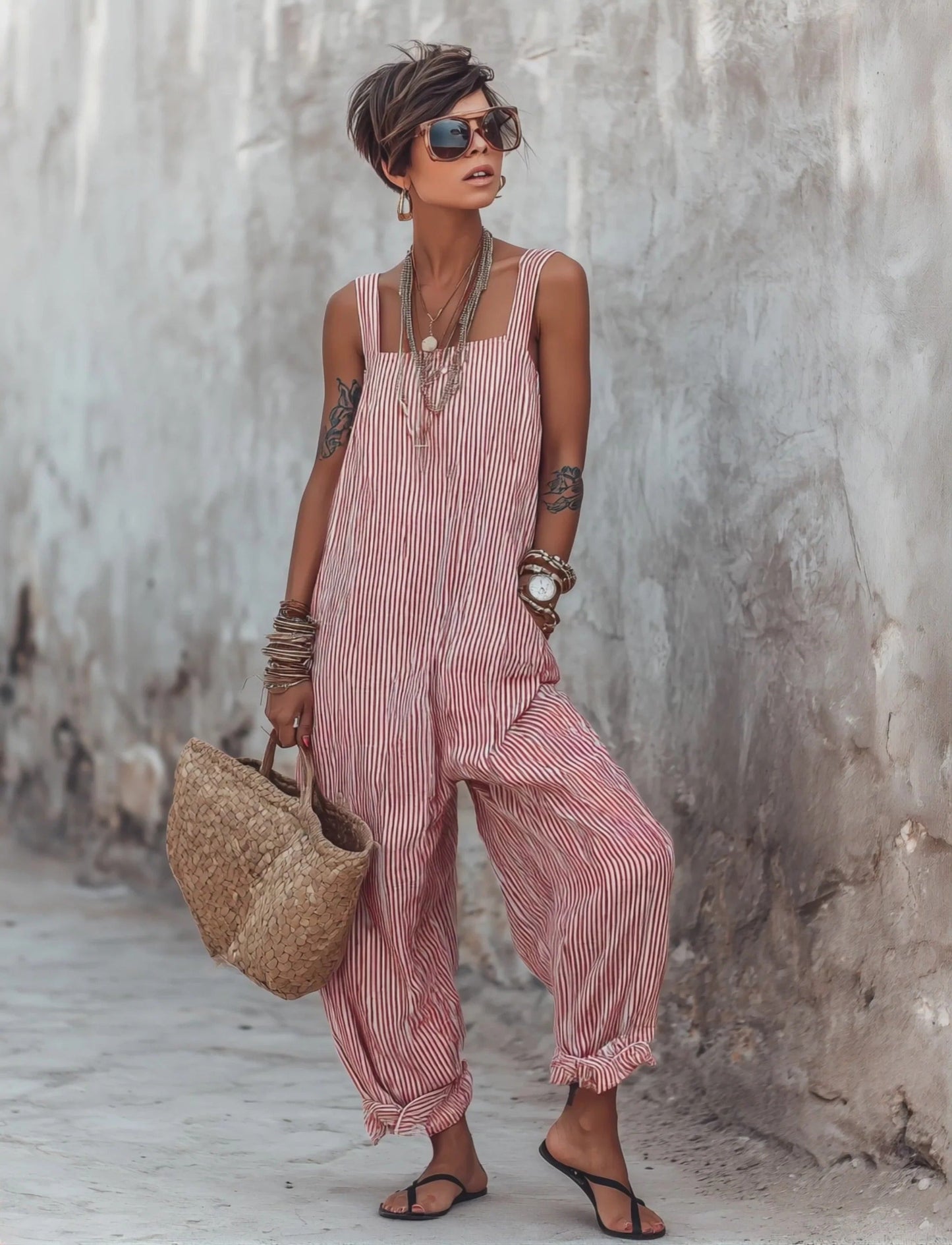Giulia - Tuta da donna a righe dal design minimalista, vestibilità ampia e scollo quadrato senza maniche
